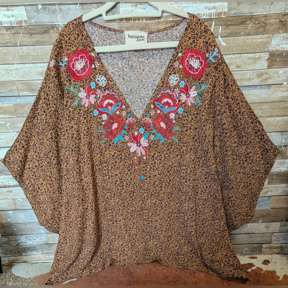 Savannah Jane Brown Leopard Print W Colorful Embroidered Floral Design Top